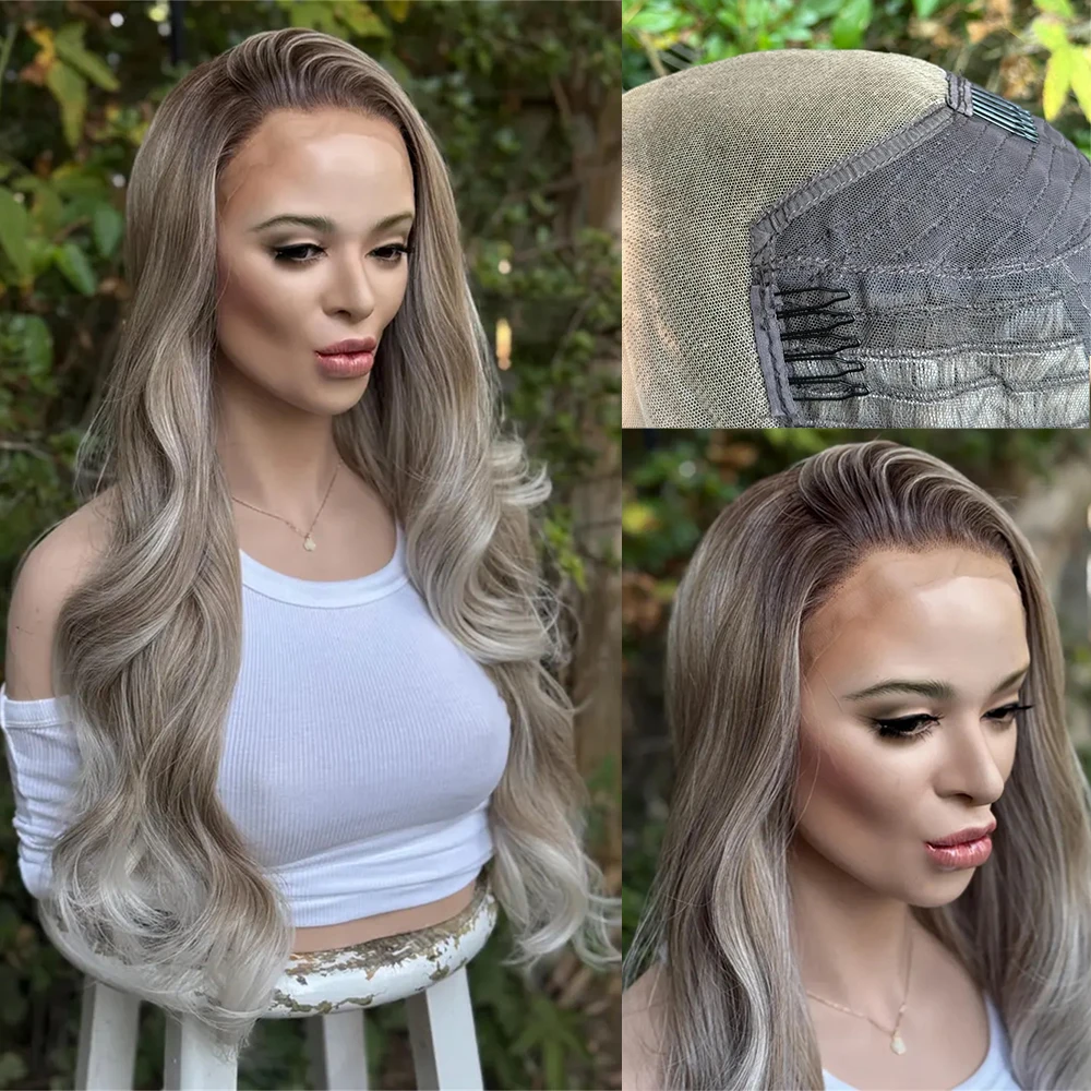 Synthetic Lace Front Wig Neutral Blonde HD Lace Top Wig Heat Friendly Middle Part Wig Realistic Look Ash Roots Ombre Blonde Wig