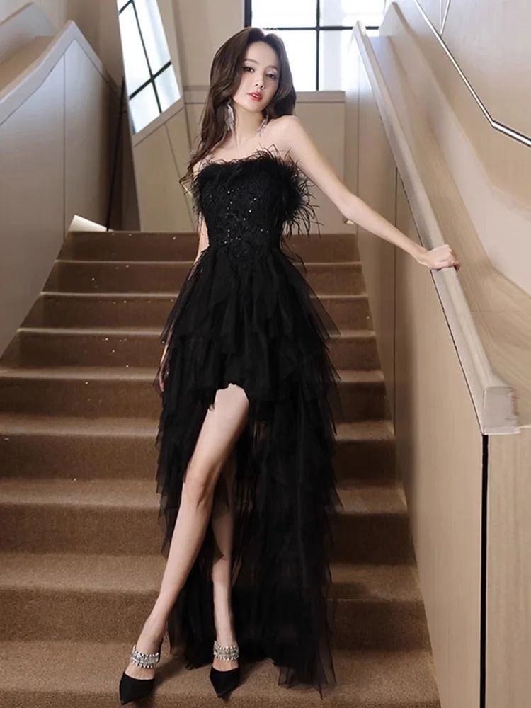 Hot sale No. 37 black evening dress 2024 new style high-end banquet lady tube top dress niche long dress