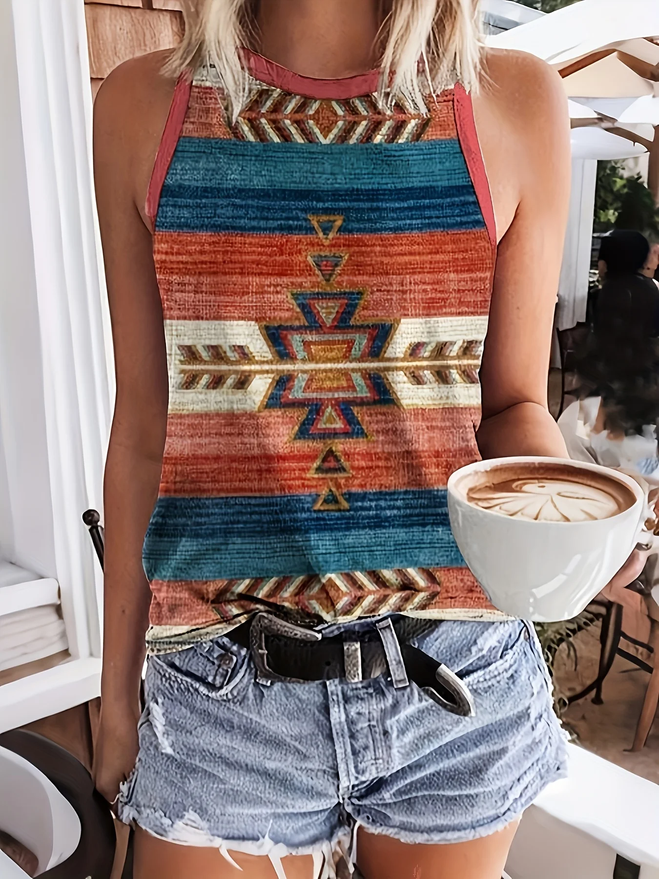 Women's Retro Flower Print Casual Loose Vest Women's Western Ethnic Print Casual Sleeveless T-shirt