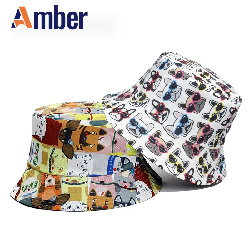 

Amber Cartoon Bucket Hat Dog Print Panama Fisherman Hats Double-sided Men Women Unisex Hip Hop Summer Outdoor Cap 2023 New Style