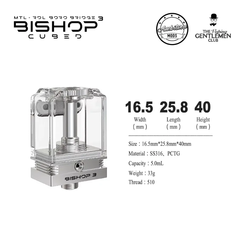 Ambition Mods Bishop 3 RBA MTL RDL Boro Bridge Bishop 3 Cubed E Cigarette Vape Tank Atomizer SS316 PCTG 510 Thread 5ml Tank replacement coil