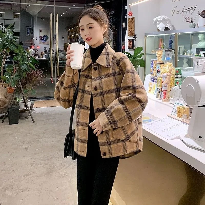 2023 Women's Plaid Reversible Wool Coat Short Lapel Autumn Winter Loose Outwear Woolen Jacket