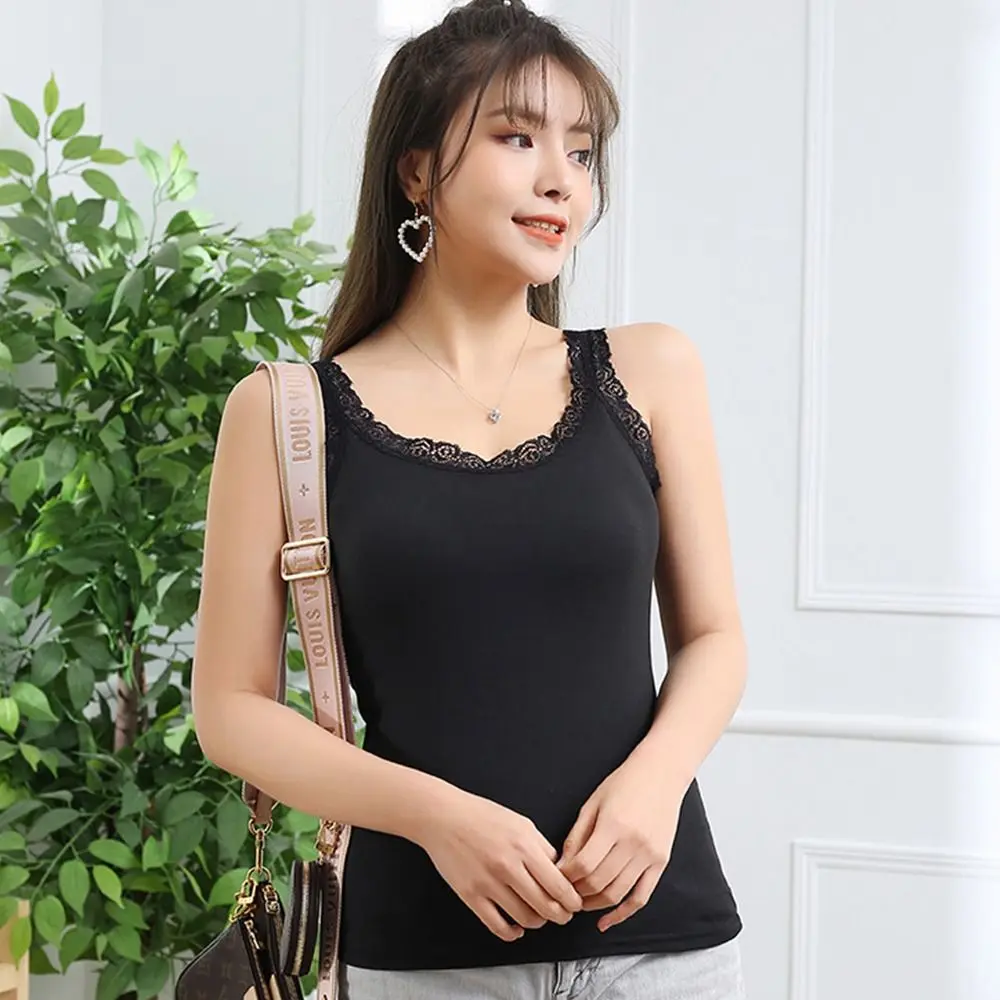 Casual U Neck Summer Tank Tops Sleeveless With Lace Cami Top Shirt Underwear Slim Suspender Vest for Women