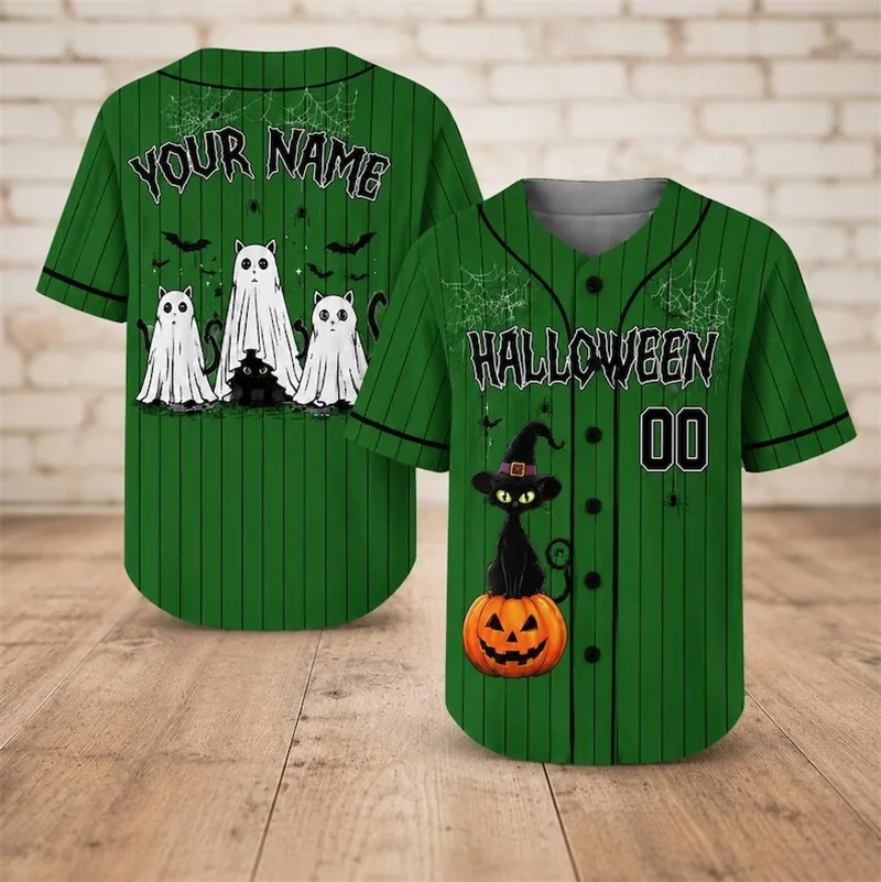 Custom Name Number Halloween Baseball Jersey Cute Ghost Black Cat Pumpkin Orange Striped Men Short Sleeve Party Team Shirt