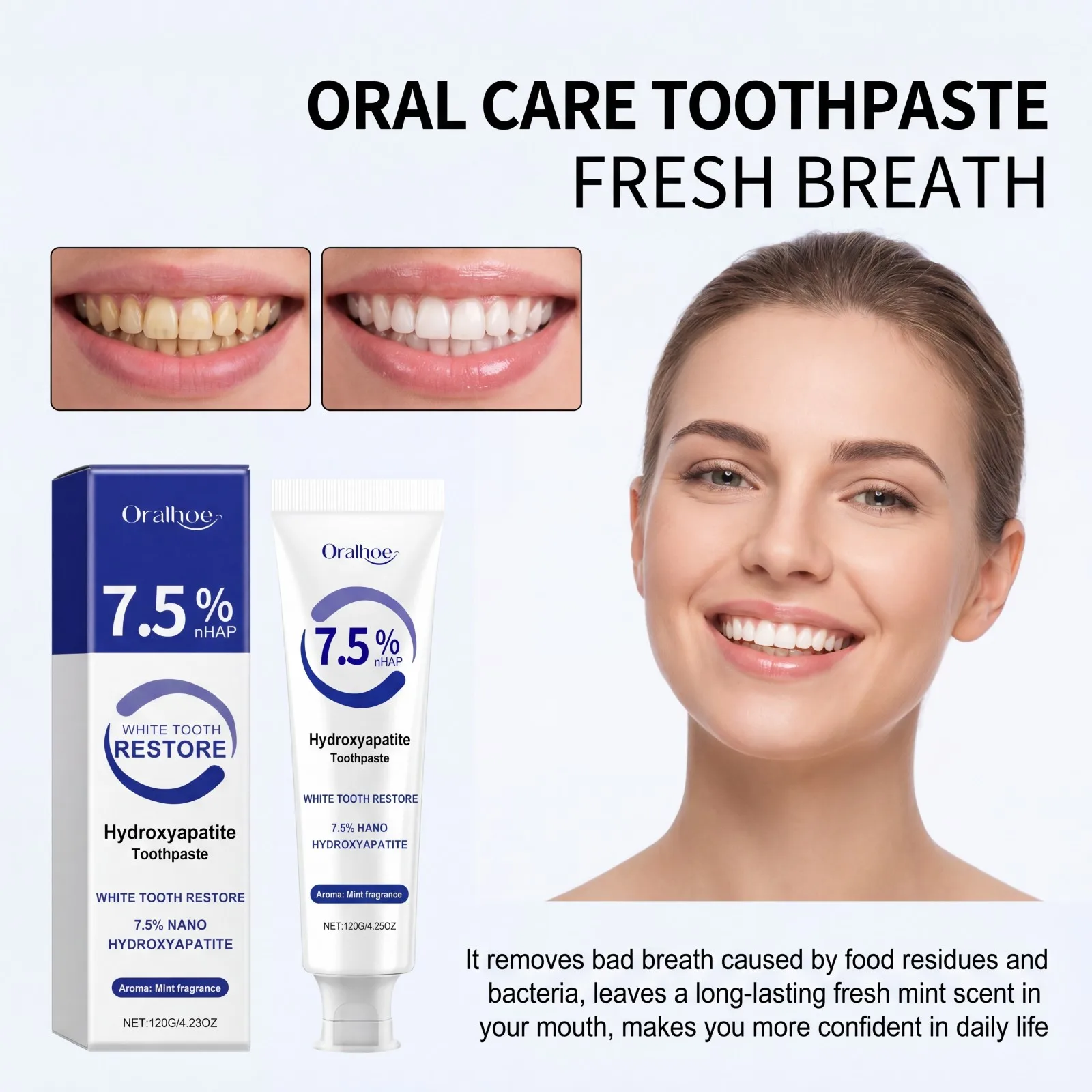 7.5% Hydroxyapatite Toothpaste White Tooth Restore Brightening Enamel Care Fresh Breath Gentle Mint for Sensitive Teeth 120g