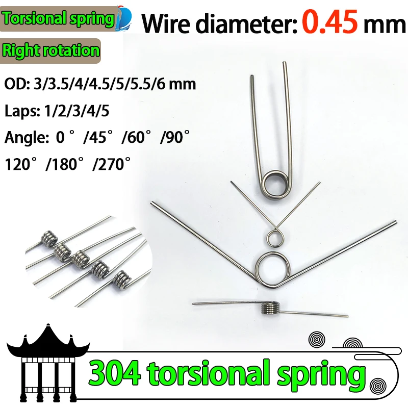 Wire Diameter 0.45mm Right Torsion Spring Return and Reset V-shaped Spring Right Rotation Spring  Laps1/2/3/4/5lap 304SUS 5PCS