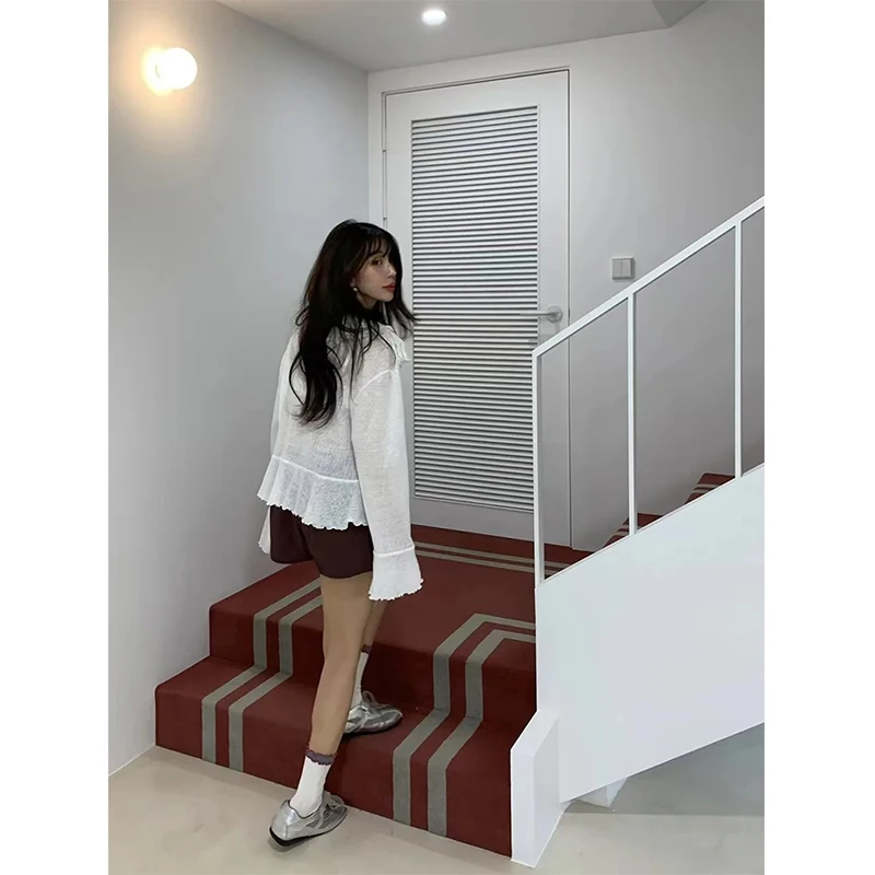 MEXZT Cropped White Shirts Women Fashion Ruffles Bandage Pink Blouses Summer Korean V Neck Flare Long Sleeve Cardigan Tops New