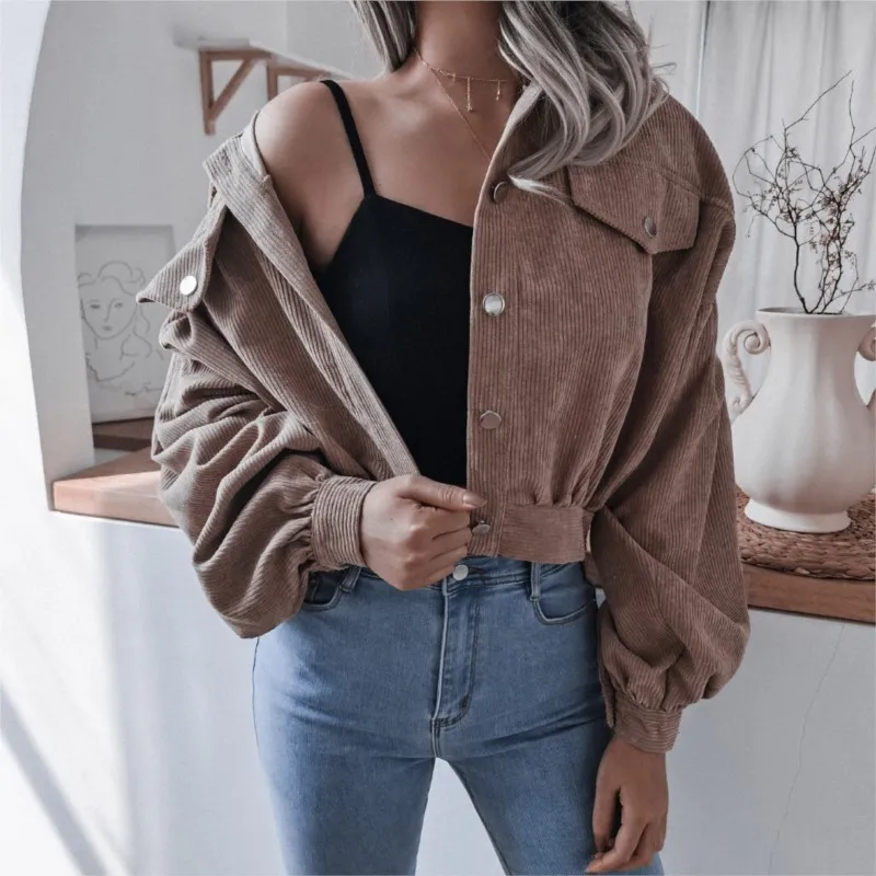 

Lantern Long Sleeved Corduroy Jacket Fashionable Women's Autumn Winter Loose Solid Color Casual Single Breasted Pocket Jacket