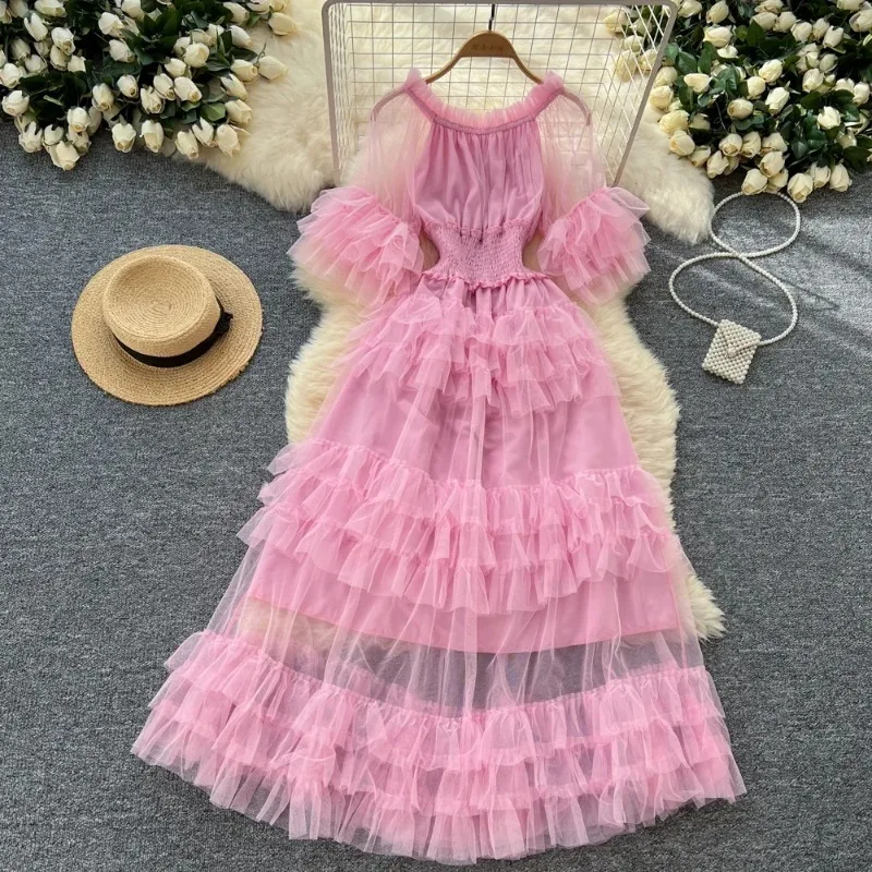 Chic plissé élégant manches courtes évasées col rond maille robes Vintage mode coréenne soirée décontracté femmes vêtements d'été