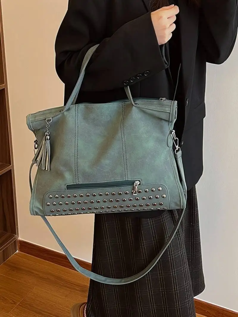 CGCBAG Vintage Designer Luxury Women Tote Bag Casual Lage Capacity Handbags Fashion Rivet Tassel PU Leather Female Shoulder Bag