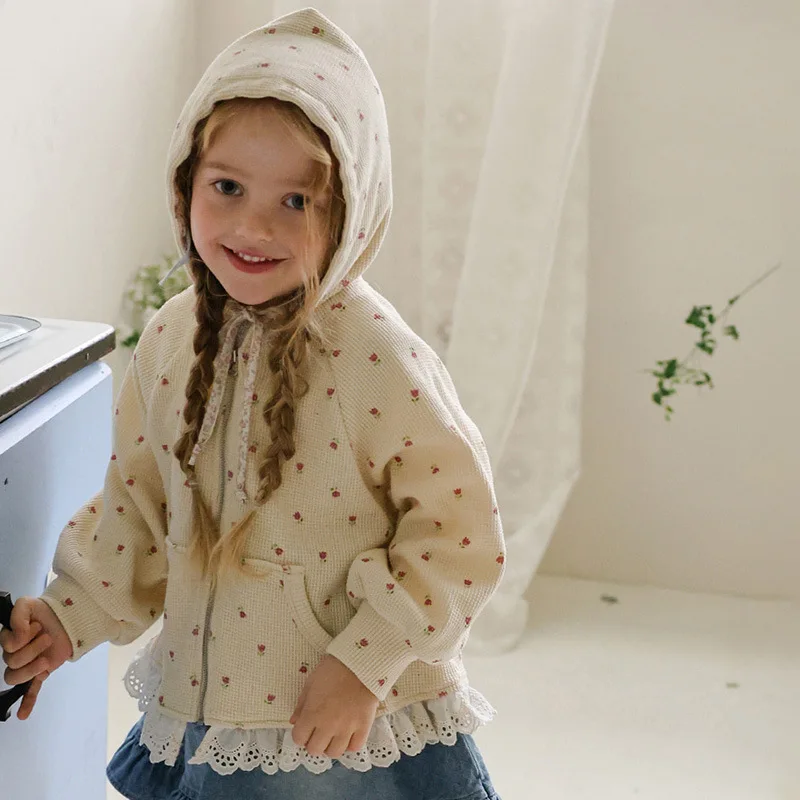 

2026 Spring Korean Children's baby Girls' Elegant Lace Floral Versatile Hooded Zipper Hoodie Jacket