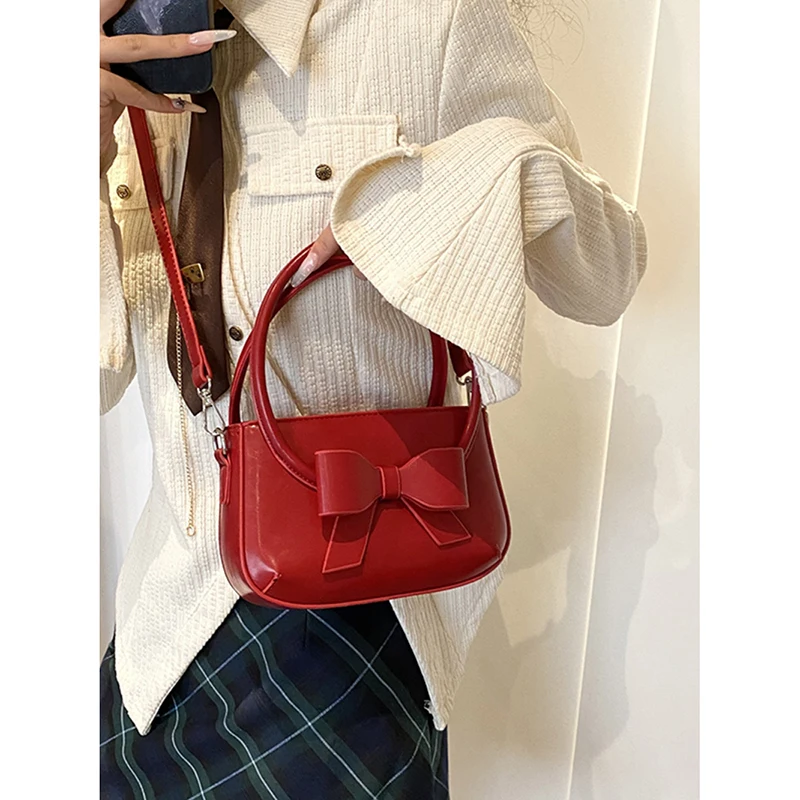 Fashion Bow Design Sense Handbag Casual All-match Red Shoulder Bag Women\'s New High Quality Color Contrast Commute Crossbody Bag