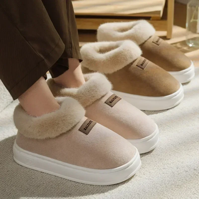 Furry Women Ankle Boots 2024 Winter Non-Slip Thicken Plush Slip-On Soft Sole Warm Cotton Shoes for Couples Platform Snow Boot