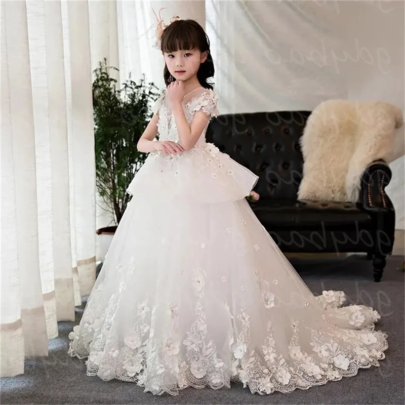 

Flower Girl Dresses Long Trailing for Wedding Beading Lace White Holy Communion Dress Backless Kids Pageant Dress for Birthday