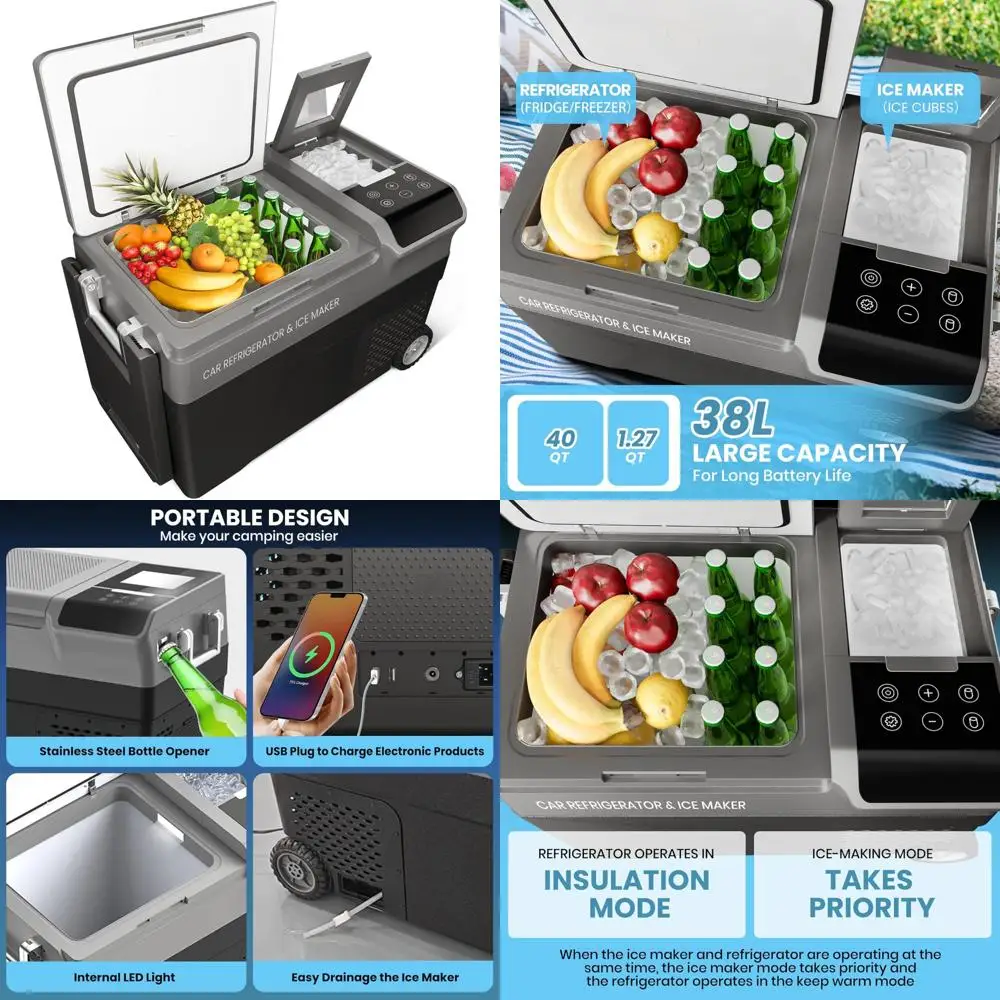 Portable 12V Car Refrigerator and Ice Maker, 40-Quart Wheeled Compressor Cooler, Smartphone-Controlled Temperature Range from -4