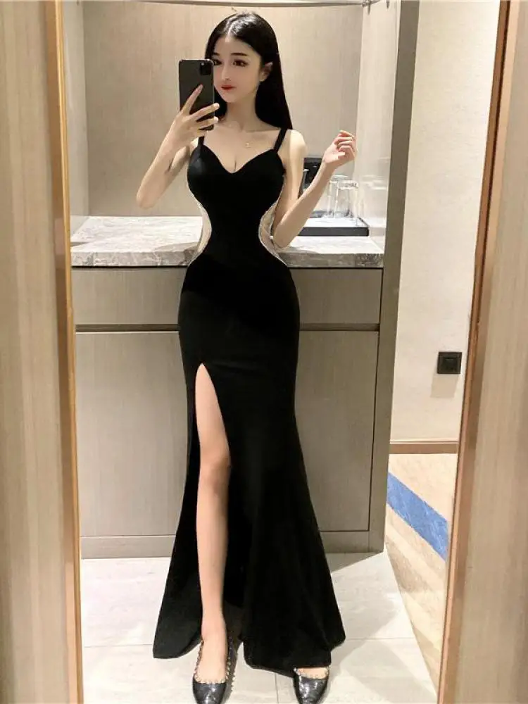 

French Women Black Red Patchwork Diamond Sleeveless Backless Split Slip Dress Summer V-neck Sexy Evening Party Long Dress Trendy
