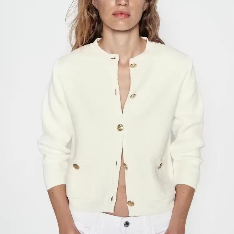 

Золотые пуговицы, украшенные, облегающие круглые трикотажные куртки Ne Long Sve, новые летние женские модные милые рукава, студенческое издание