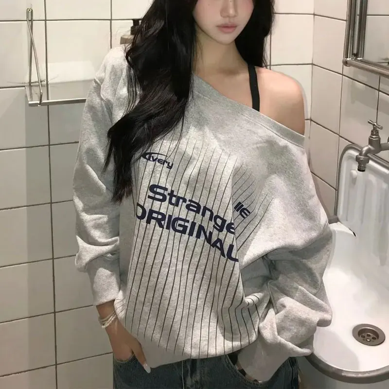 

Fashion Off Shoulder Loose Hoodies Women's Clothing Skew Collar Spring Autumn American Retro Letter Printed Casual Sweatshirts