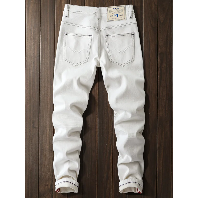 2025年新作 ホワイトジーンズ メンズ 秋 カジュアル トレンド ストレッチ スモールストレート ハイエンドパンツ