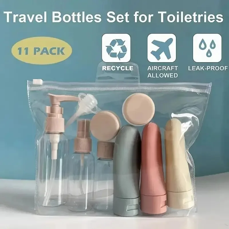 Conjunto de 11 Frascos de Viagem para Produtos de Higiene Pessoal, Recipientes Portáteis Aprovados para Viagem, Frascos Recarregáveis para Spray, Loção e Shampoo