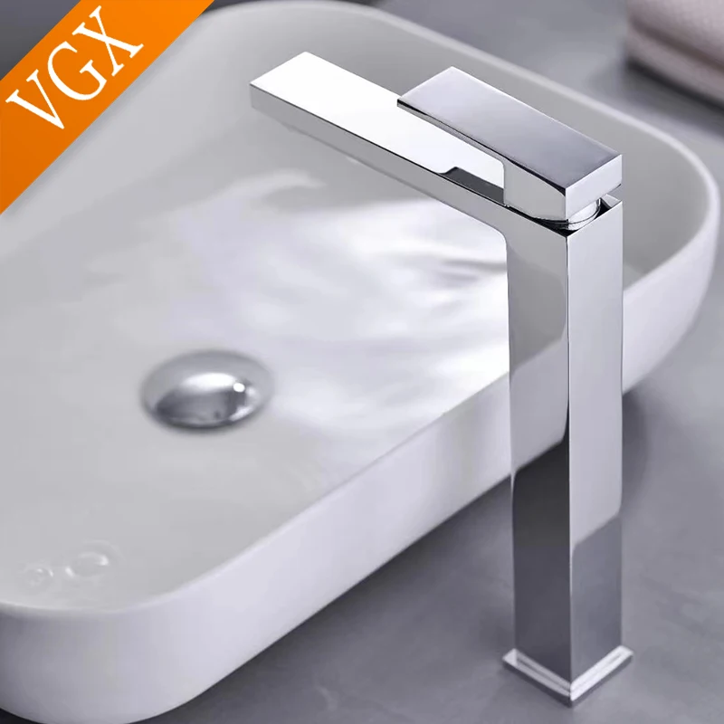 VGX Bathroom Faucets Square High Basin Mixer Sink Tall Faucet Gourmet Washbasin Water Tap Hot Cold Tapware Crane Brass Chrome