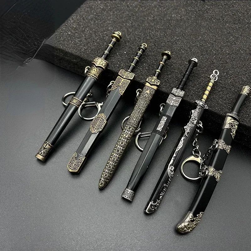 Holy Sword Key Chains for Men Ancient with Scabbard Decorative Pattern Uncut Blade Weapon Model Collect Chin-Han Knife Pendant