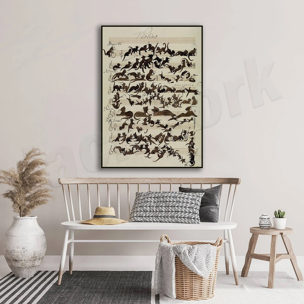 Cat Symphony Art Canvas Painting, Antique Halloween Wall Art, Party Poster, Black Cat Picture, Musical Decoration, Cat Lover Gif