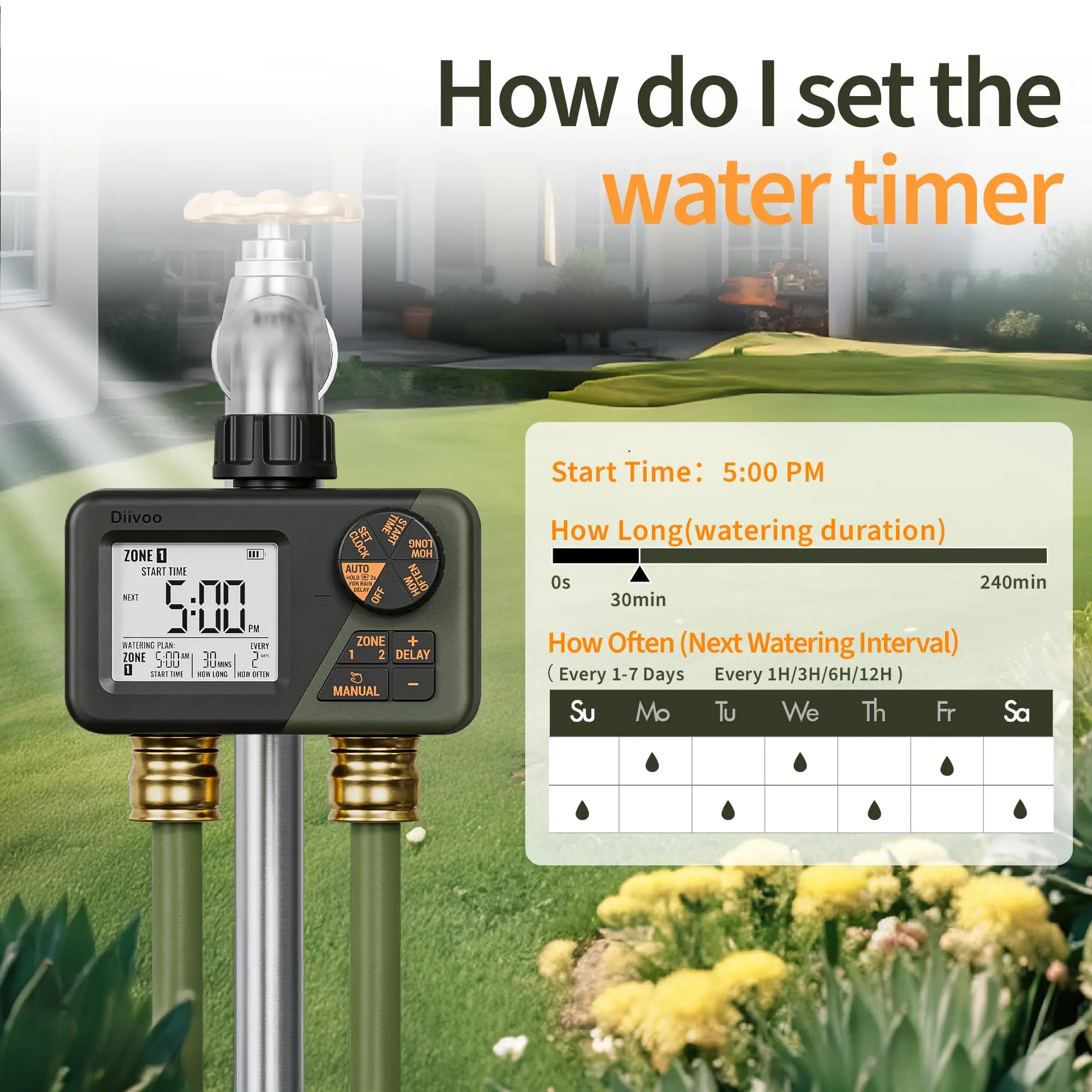 Diivoo Garden Water Timer 2 Outlets IPX5 Waterproof Multi-Functional Automatic Irrigation Timer with Rain Delay/Manual/Auto Mode