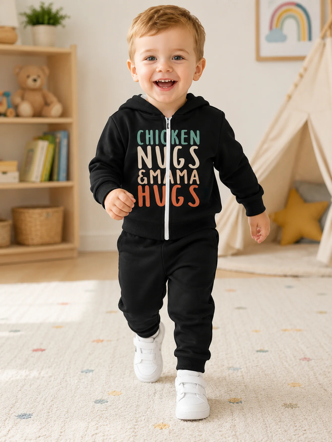 Hooded Zip Up Loose Sweatshirt Pants Set Daisy Letter Print Pink Long Sleeve Loose Fit Boys Fall Winter New Style Casual Cute Ve