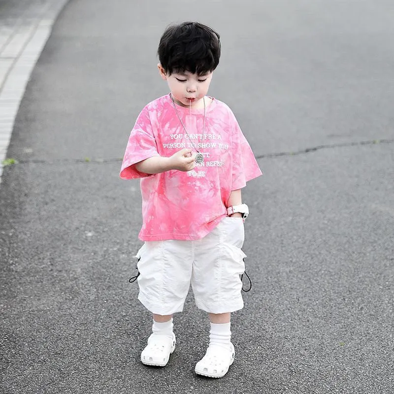 

Boys Summer Tie Dye Pink Short Sleeve T-Shirt And Shorts Set Handsome Two-Piece Outfit for Kids 90-140cm