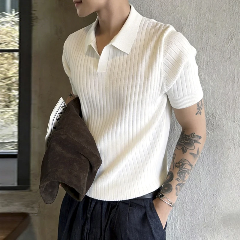 

Summer Short Sleeved T-shirt Men Slim Fit Fashion Casual White Knitted T Shirt Men Streetwear Korean Lapel T-shirt Mens Top