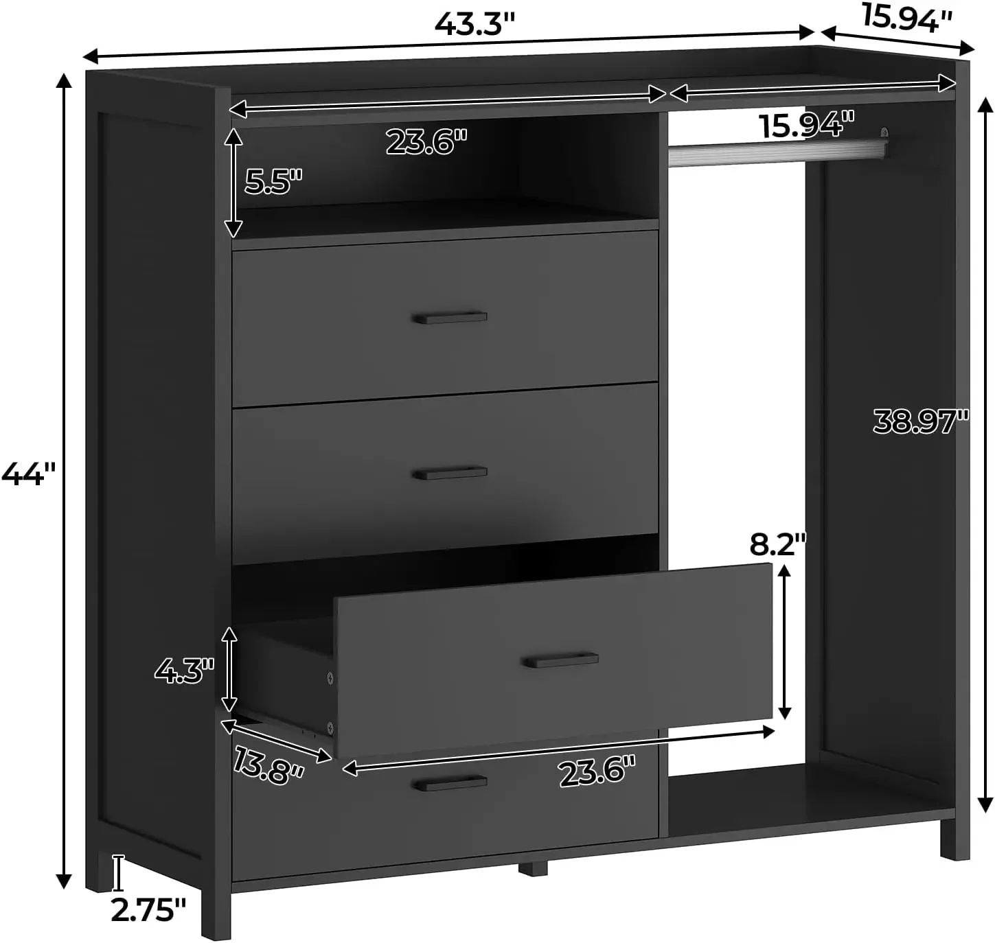 Dressoir Voor Slaapkamer Met Kledingrek, Dressoirs & Ladekasten, 4 Lades Dressoir Met Led-Verlichting, Moderne Lange Led Dressoir