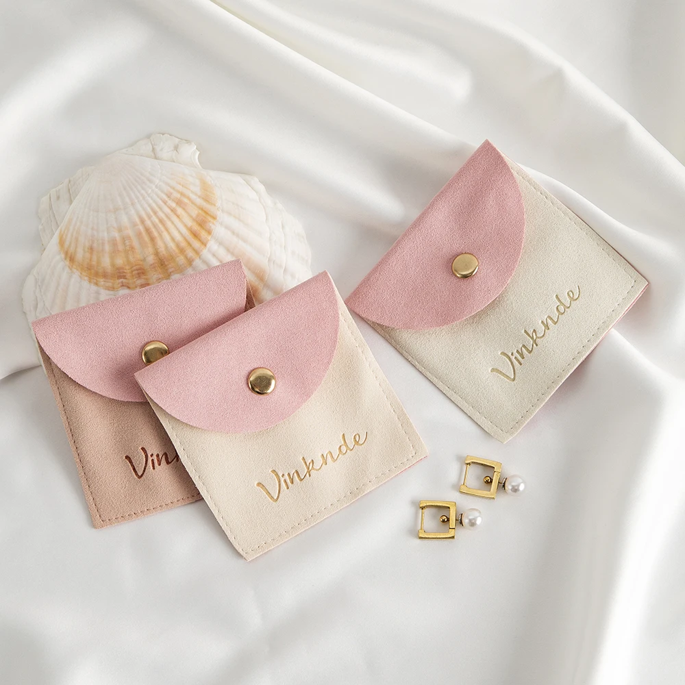 50pcs Custom Logo Microfiber Jewelry Pouch Gift Snap Bag for Earring Keychain Oil Storage Favor Sack for Valentines Thanksgiving