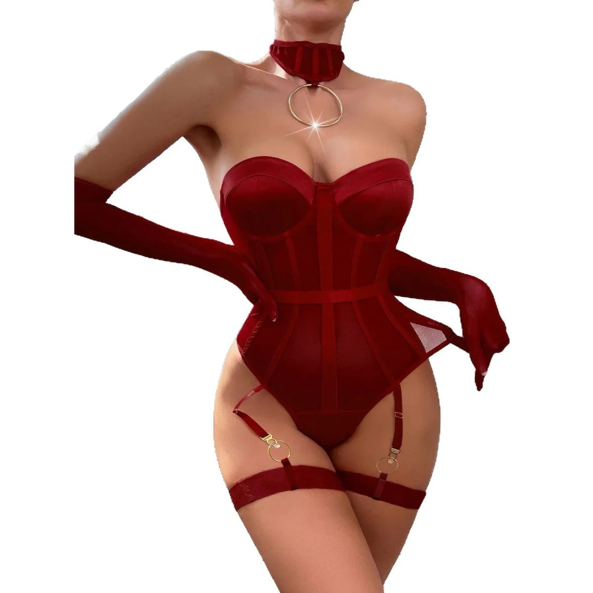 Burgundy And Lingerie Set With Neck Ring And Luxury Red Satin Corset Suspender Garter Belts Neck Collar Long Gloves JT33