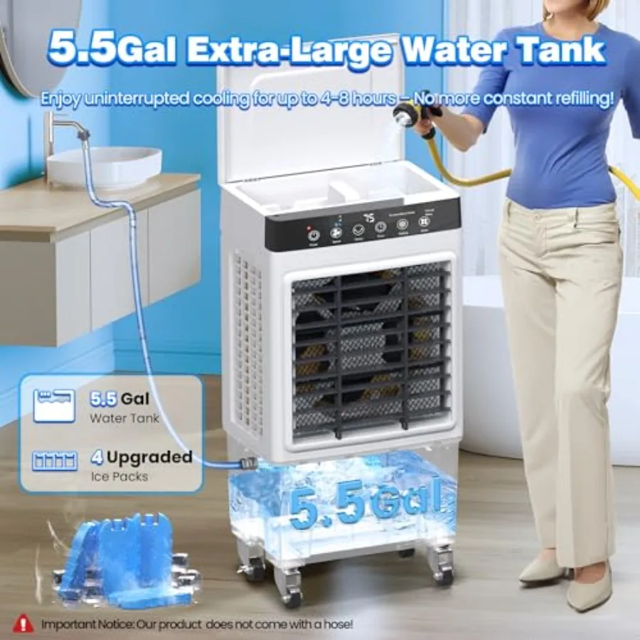 Pendingin Udara Evaporatif 3000CFM untuk Penggunaan Dalam dan Luar Ruangan dengan Kontrol Jarak Jauh Osilasi 120, Timer 12 Jam, 4 Paket Es, 3 Mode Operasi