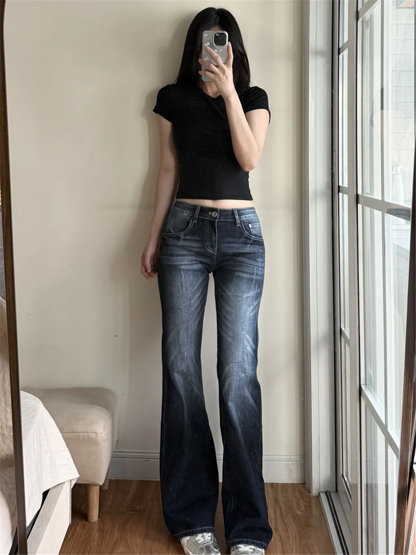 

American Style Vintage Blue Grey Low Waist Flared Straight Leg Jeans Women's Loose Slimming Floor Length Pants Casual Cotton