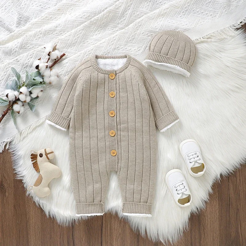 Winter Baby Romper Knitted Newborn Girl Jumpsuit Outfit Long Sleeve Infant Boy Clothes Hat 2pc Overalls 0-18M Fashion Solid Warm