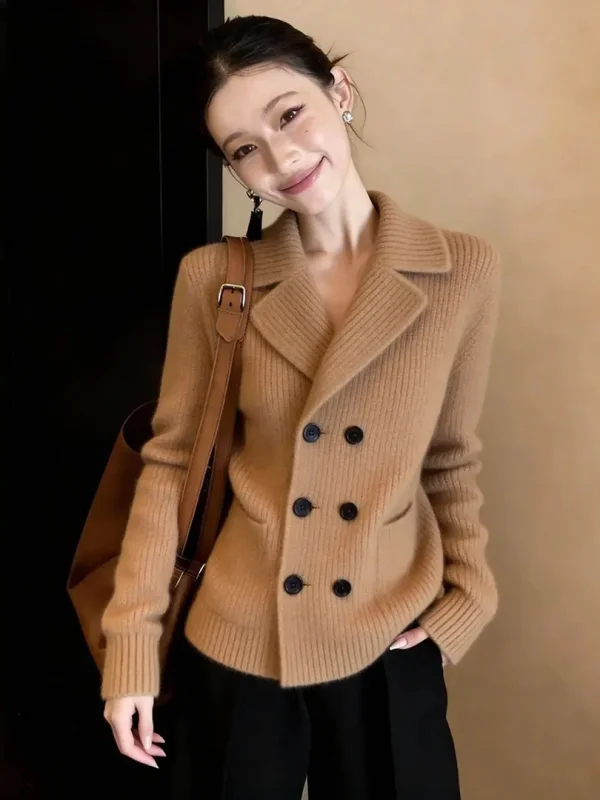

Retro Sle Loose Fit High End Trendy i Color Sweater Women's Early Spring Turn-down Collar Double Button Open Cardigan