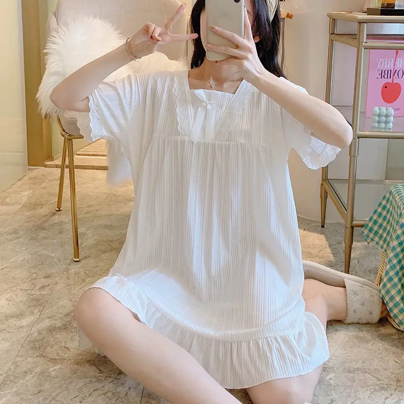 

Girls Nightdress Female Summer Short Sleeve Thin Dressing Gown Net Red New loose Princess Style Home Service Pajamas Bathboe