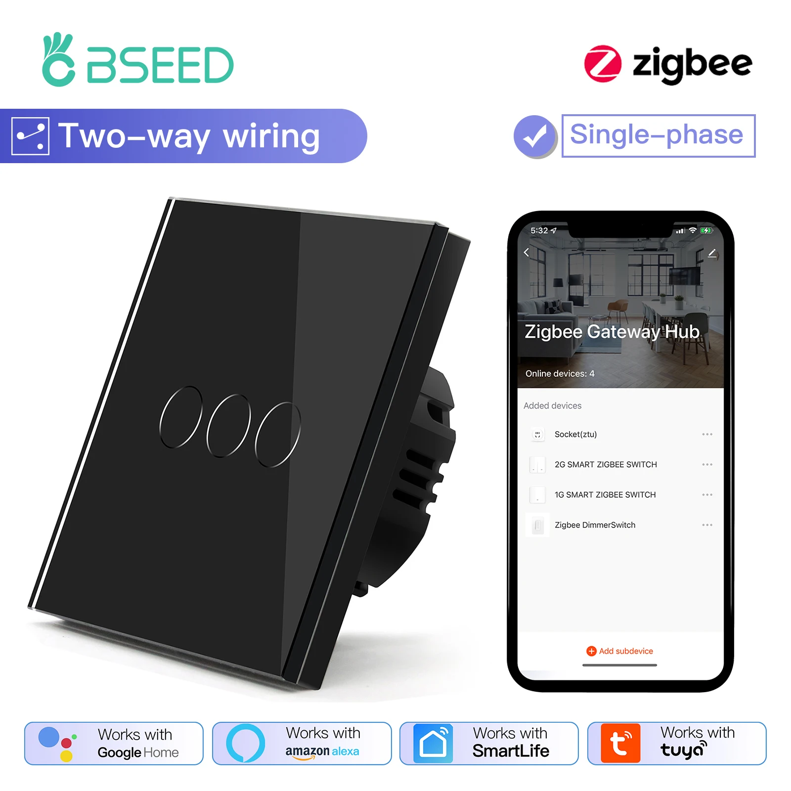 BSEED 1/2/3Gang Smart Zigbee Touch Light Switch 2-Way Control Compatible with Alexa/Google Home No Neutral Wire Touch Switch image 3