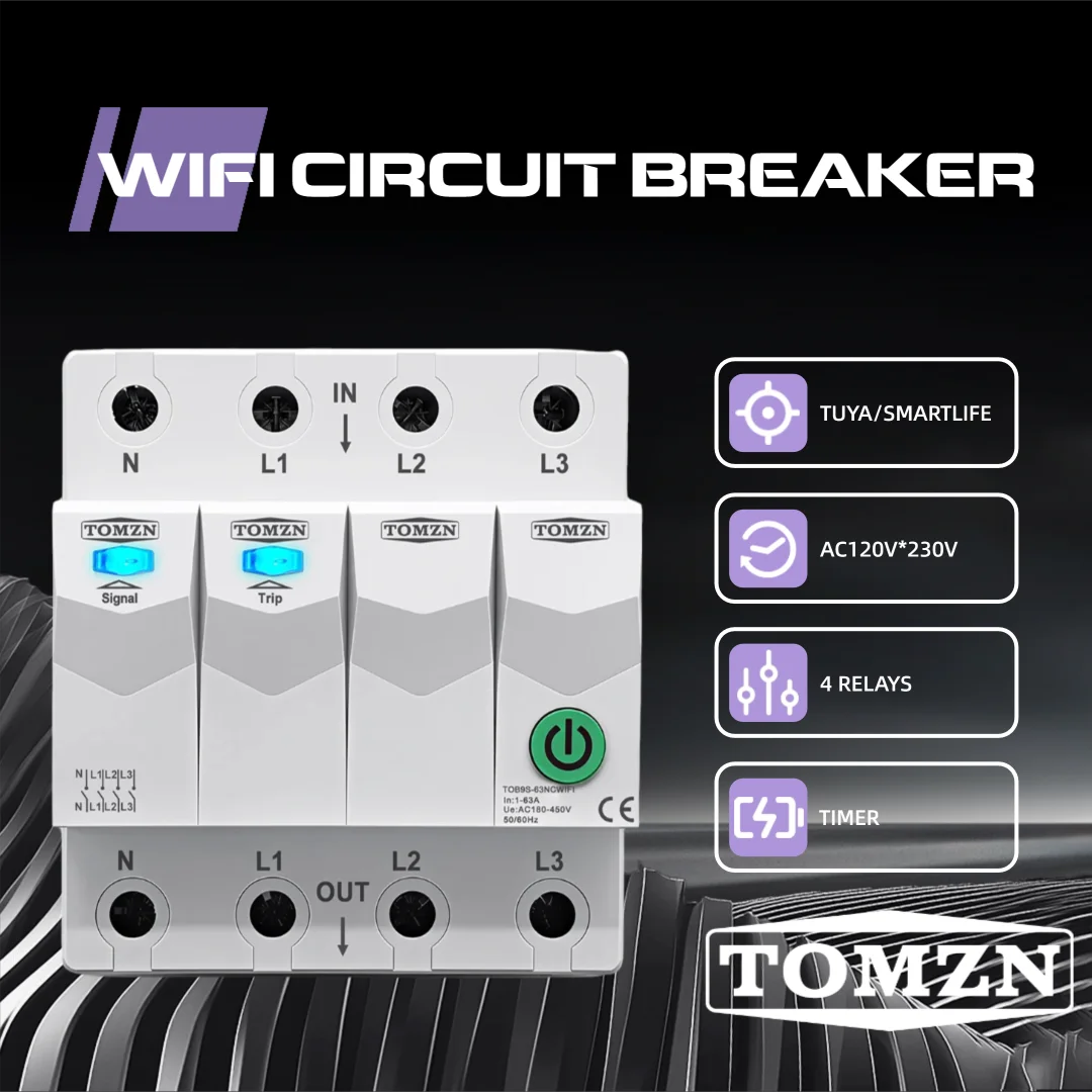 TOMZN TOB9S-63NCWIFI 4P Smart WiFi Circuit Breaker 1-63A 3*120V/230V Cut Off L/N 4 Relays Timer Countdown Relay Status Lock