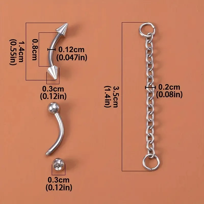 2pcs Stainless Steel Curved Barbell Eyebrow Ring with Chain Ball/Cone Cartilage Stud Earrings Multi-Purpose Piercing Jewelry view 6