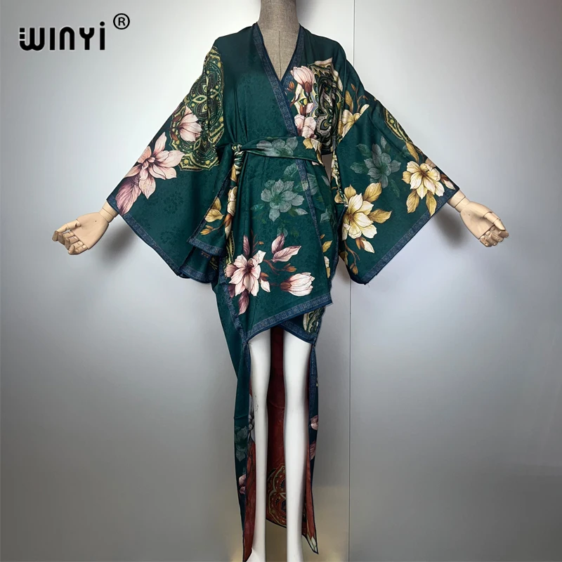 WINYI Summer beach outfits Cover Up Irregular cardigan abaya muslim woman dubai luxury Silky Holiday Kimono dress