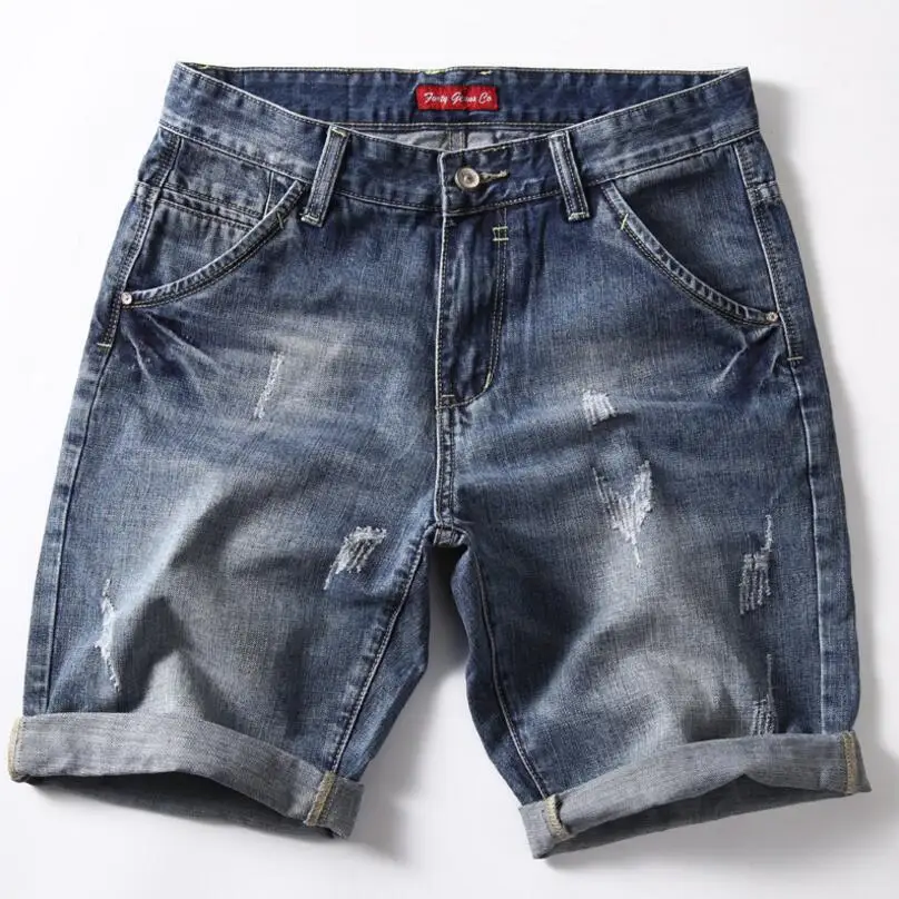 Men Blue Stretch Denim Shorts Straight Fit Shorts Jeans High Quality Elastic Casual Denim Jeans Shorts New Summer Shorts Size 42