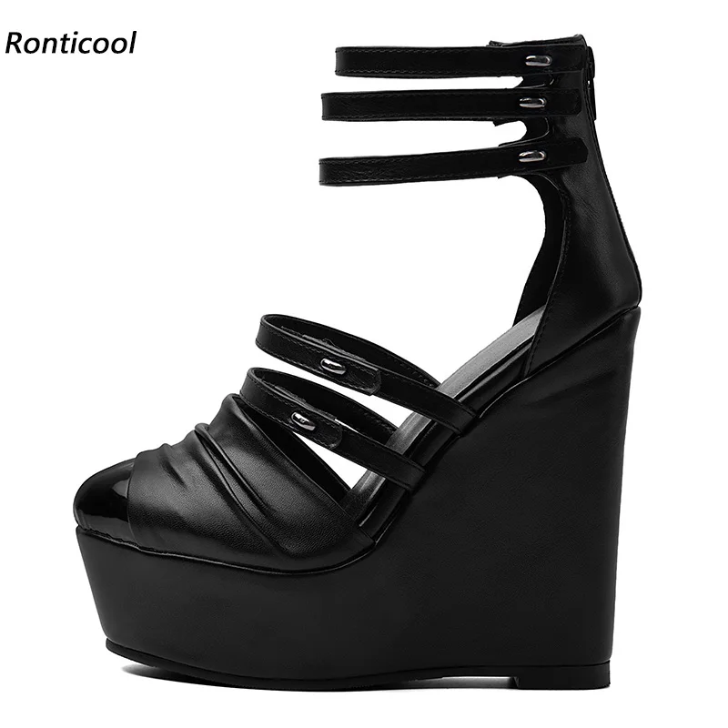 Ronticool Handmade Women Spring Pumps Ankle Strap Sexy Wedges Heels Round Toe Elegant Black Party Shoes US Plus Size 5-20
