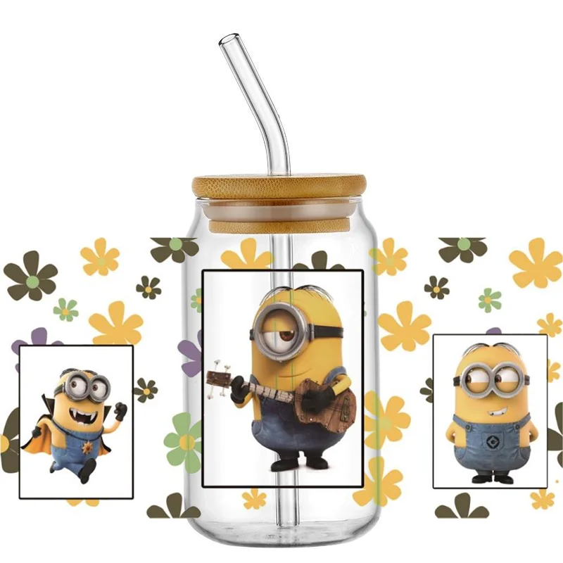 Miniso dessin animé autocollant 3D jaune Minions garçon UV DTF tasse enveloppes transferts autocollant sur transfert pour verre peut enveloppe 16oz Libbey