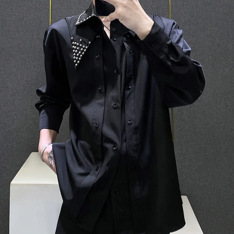 British Style The Machine Nail Bead Luxury Punk Shirt Men Dress Shirt Prom Tuxedo Hemise Homme Nightclub Shirt Camisa Masculina