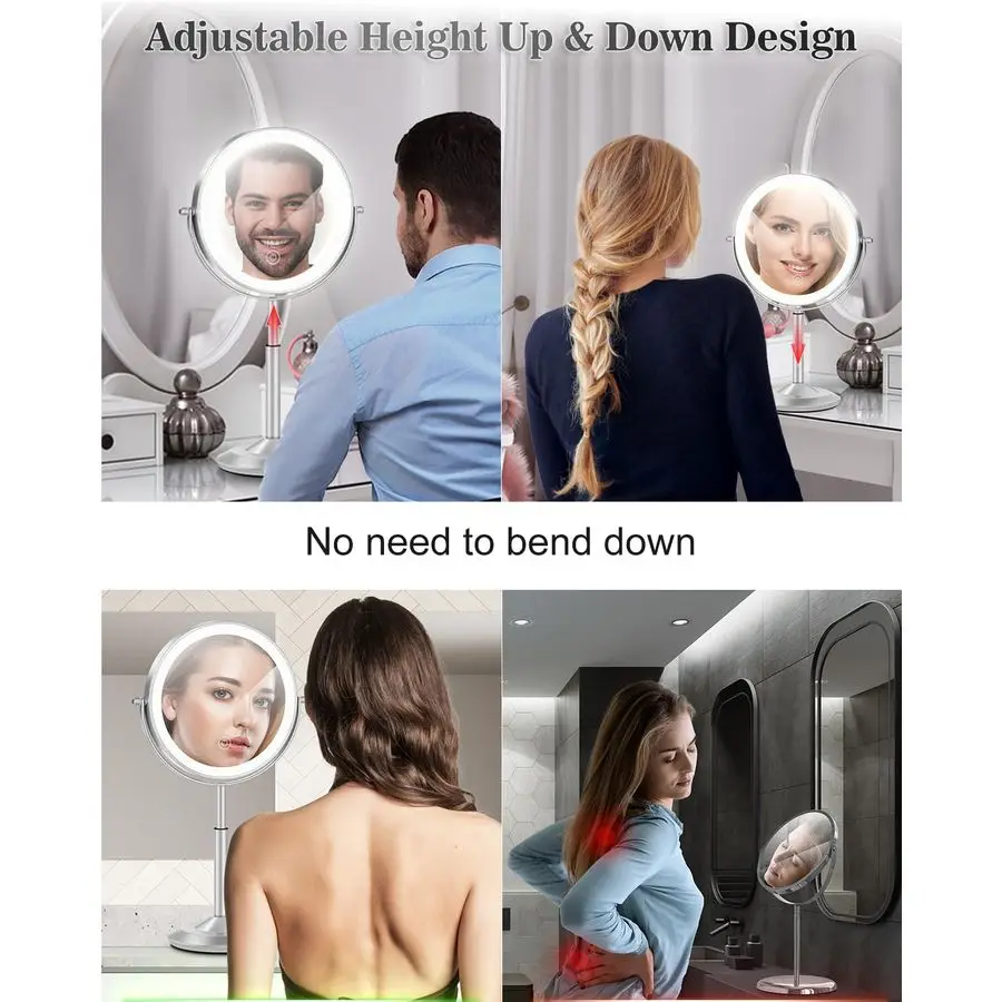 Mirror with Lights, 1X 30X Lighted Magnifying Mirror Height Adjustable, 3000mAh Rechargeable Double Sided Vanity Mirrors with 3