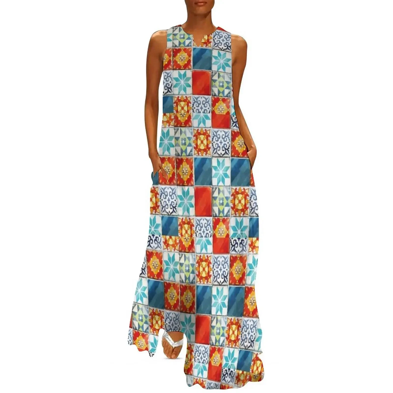 

Colorful azulejos tiles from Azul board game Long Dress dresses for woman Clothing female Evening gown summer women's suit Dress