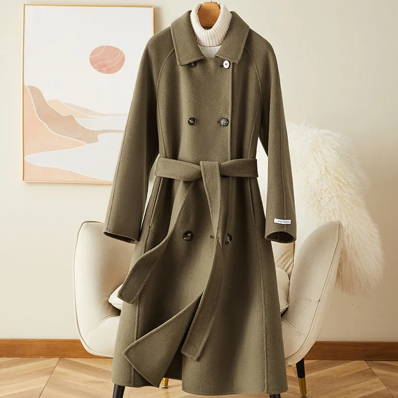 

2023 Flash Welfare Double Sided Cashmere Coat Women's Mid Length High End Lace Up 100 Pure Wool Hepburn Style Fur Coat